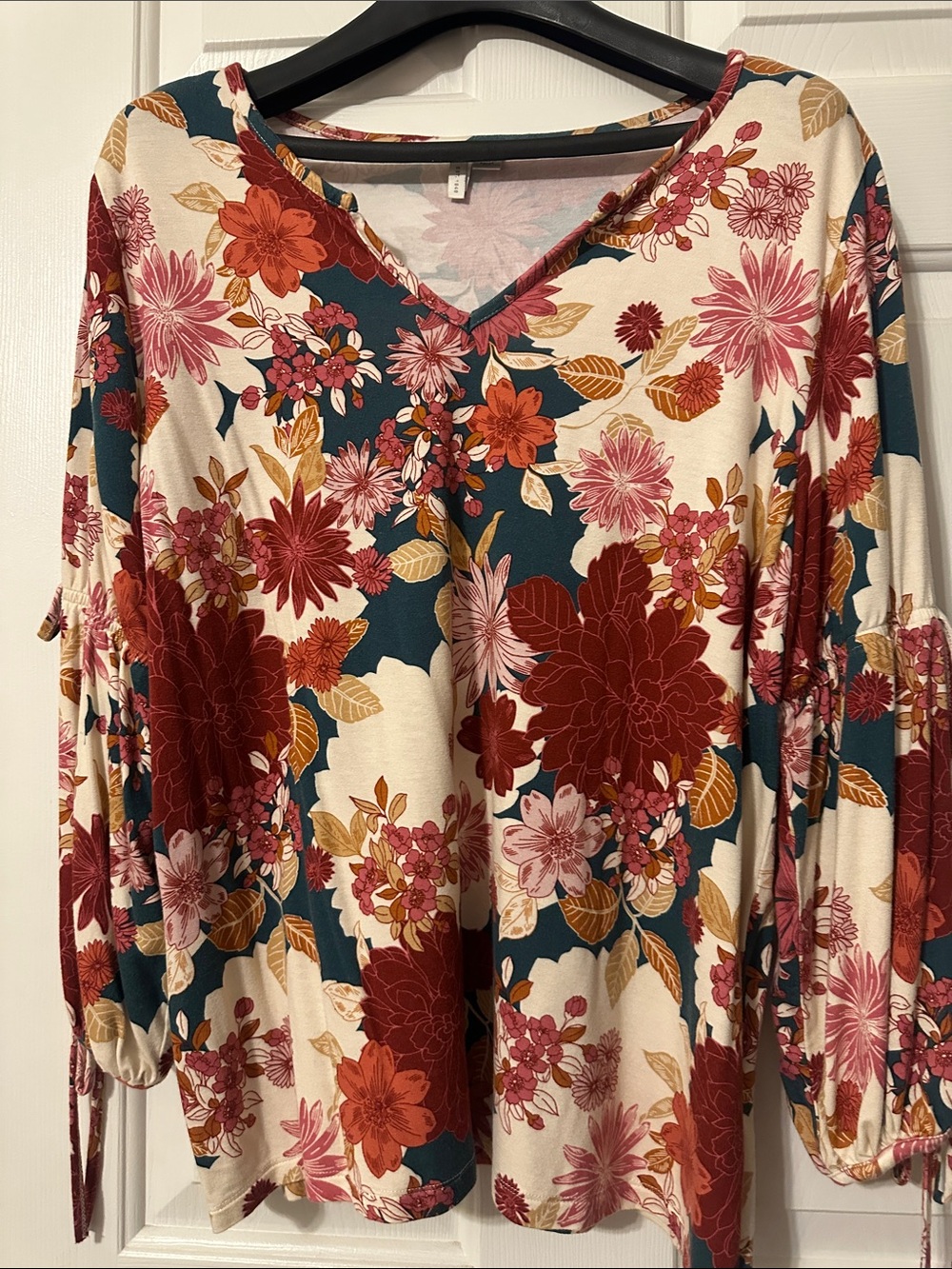 Soft Floral V-Neck split Long Sleeve Top - Cream with Rust & Teal